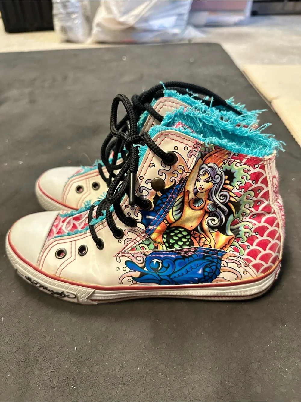 Ed Hardy High-Top Sneakers - Teal, Pink & Black Mermaid Fish Graphic with Fringe